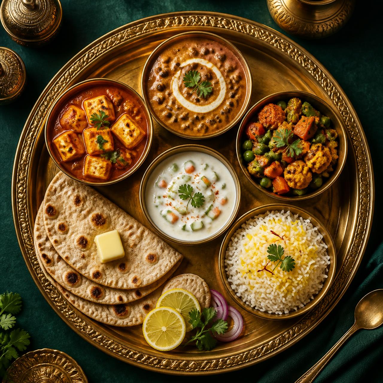 Royal vegetarian thali on brass plate — paneer curry, dal, sabzi, saffron rice, roti, raita, and marigold flowers