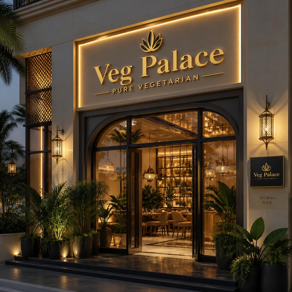 Veg Palace premium vegetarian restaurant entrance in Dubai with gold signage